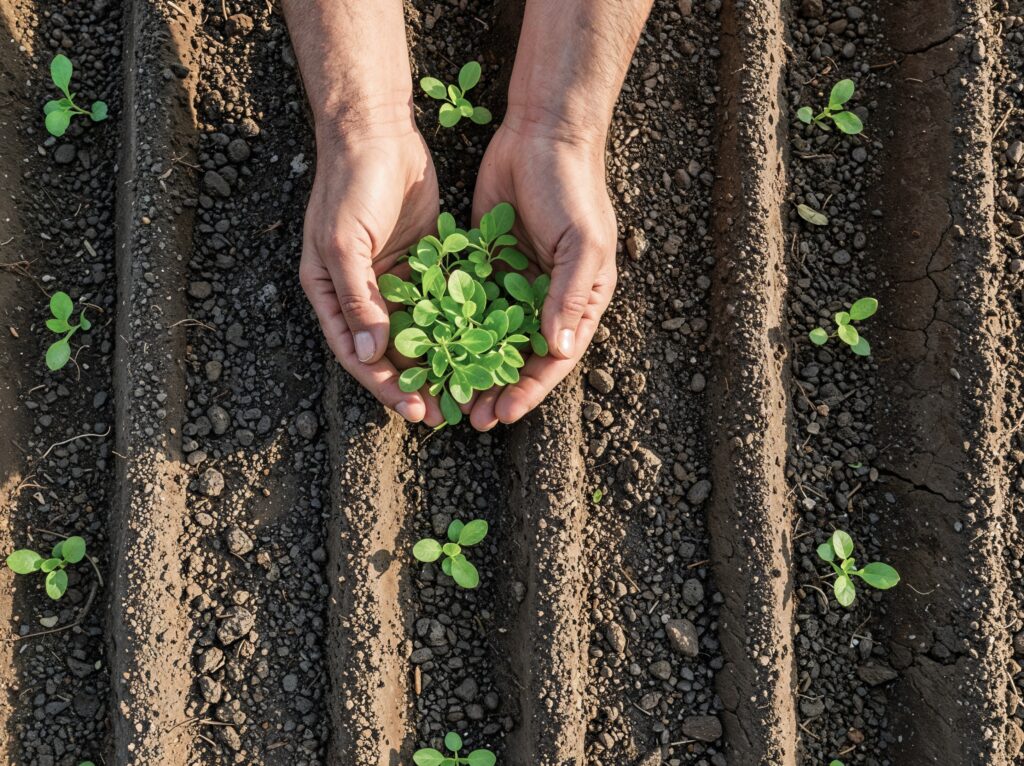 manos cogiendo pequenas plantas en el suelo (1)